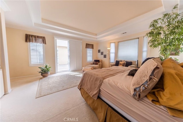 bedroom featuring carpet, visible vents, and a raised ceiling