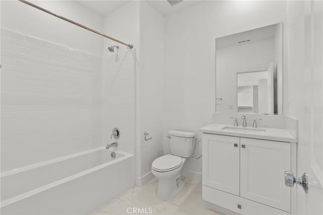 bathroom featuring marble finish floor, bathtub / shower combination, visible vents, toilet, and vanity