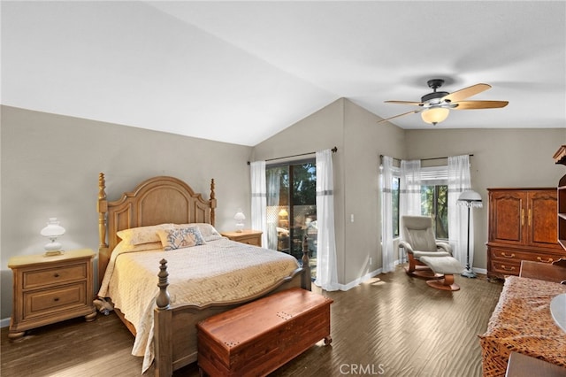 bedroom with ceiling fan, dark wood-style flooring, baseboards, vaulted ceiling, and access to outside