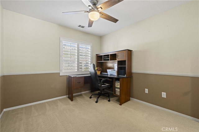 office with ceiling fan, carpet, visible vents, and baseboards