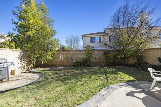 view of yard with a fenced backyard and a patio