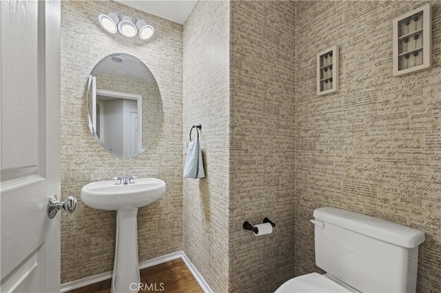 half bathroom featuring toilet, a sink, and wood finished floors