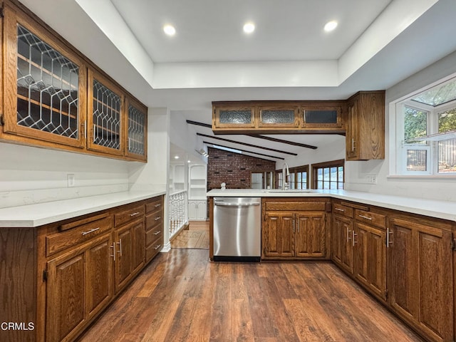 5028 El Adobe Ln, La Crescenta, CA 91214 - kitchen featuring stainless steel dishwasher, dark wood-style floors, glass insert cabinets, healthy amount of natural light, and recessed lighting