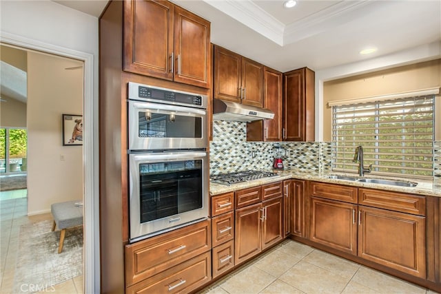 kitchen featuring light stone counters, under cabinet range hood, stainless steel appliances, a sink, and a tray ceiling