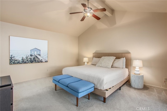 bedroom with light carpet, ceiling fan, lofted ceiling with beams, and baseboards