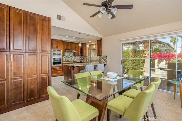 dining room with light tile patterned floors, visible vents, a ceiling fan, high vaulted ceiling, and recessed lighting