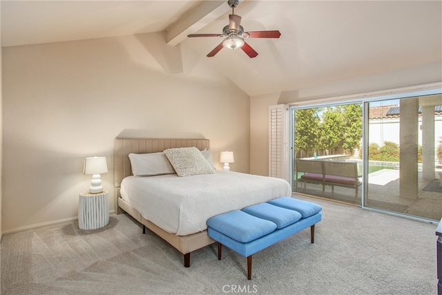 bedroom featuring lofted ceiling with beams, a ceiling fan, baseboards, access to outside, and carpet