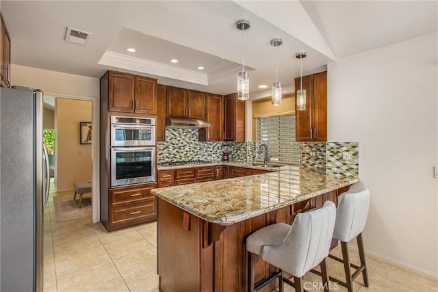 kitchen with a raised ceiling, visible vents, hanging light fixtures, appliances with stainless steel finishes, and under cabinet range hood