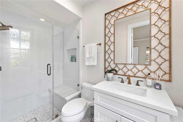 full bathroom featuring toilet, a shower stall, and vanity