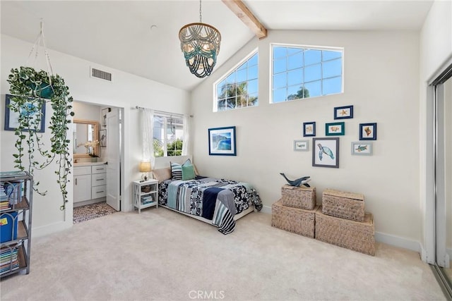 bedroom with baseboards, visible vents, light colored carpet, high vaulted ceiling, and beam ceiling