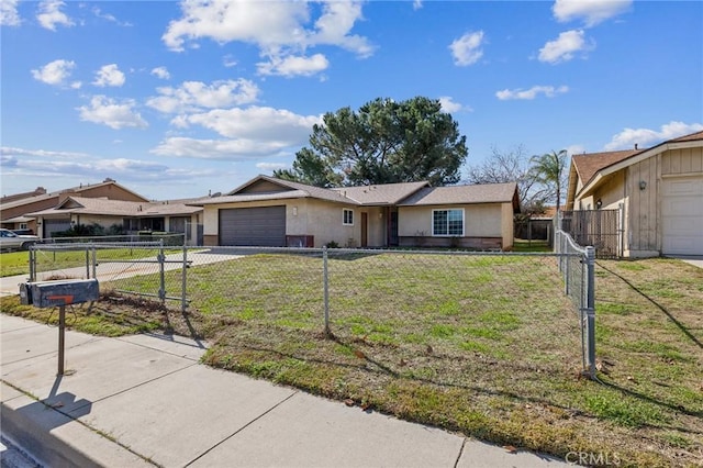 single story home with a fenced front yard, stucco siding, an attached garage, driveway, and a front lawn