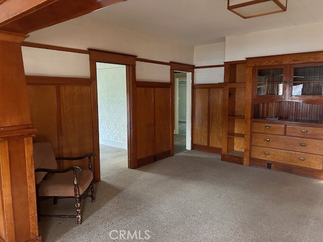 unfurnished bedroom with wooden walls, wainscoting, and light colored carpet