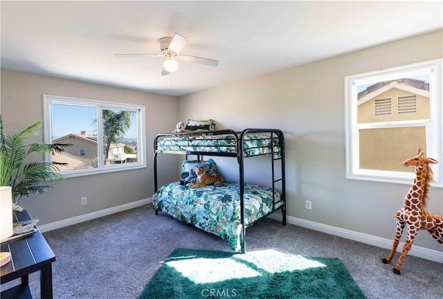 bedroom featuring carpet, ceiling fan, and baseboards