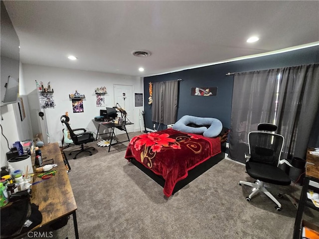 carpeted bedroom featuring visible vents and recessed lighting