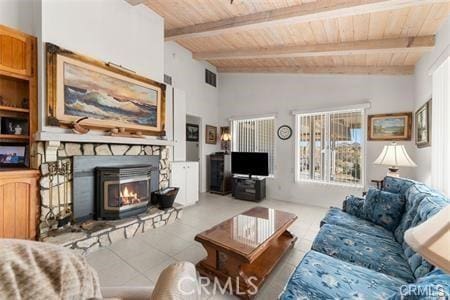 living room featuring lofted ceiling with beams, visible vents, light tile patterned flooring, and wood ceiling