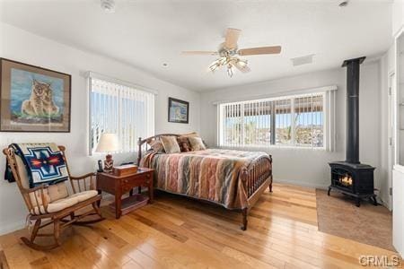 bedroom featuring a wood stove, light wood-style flooring, visible vents, and a ceiling fan