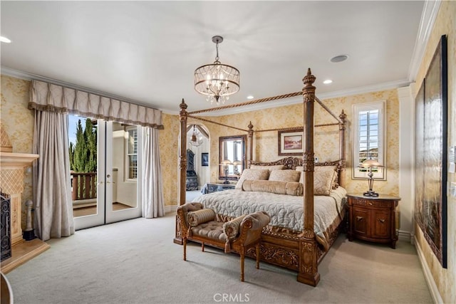 bedroom featuring light carpet, access to outside, ornamental molding, and wallpapered walls