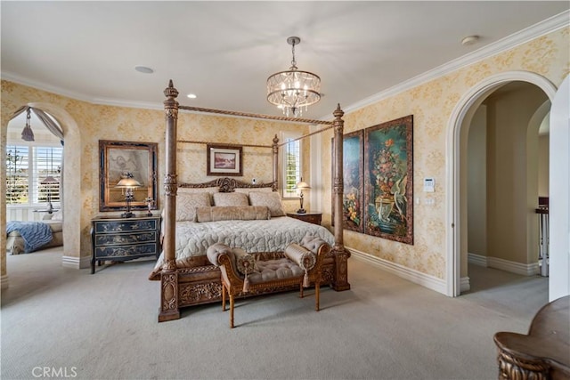 carpeted bedroom featuring wallpapered walls, baseboards, arched walkways, and ornamental molding