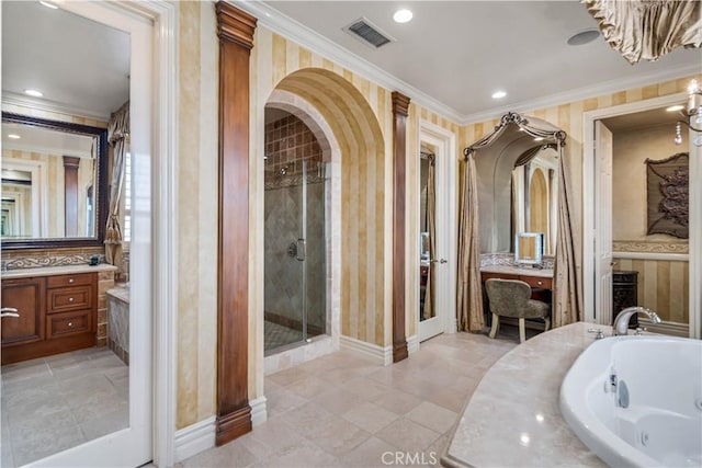 full bath featuring visible vents, ornamental molding, a stall shower, and vanity