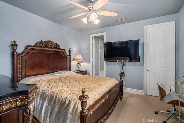 bedroom featuring baseboards, visible vents, ceiling fan, and carpet flooring