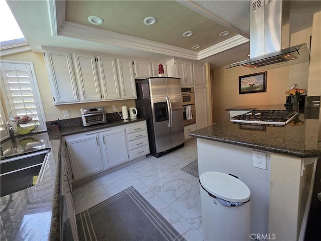 kitchen featuring appliances with stainless steel finishes, a raised ceiling, and white cabinets