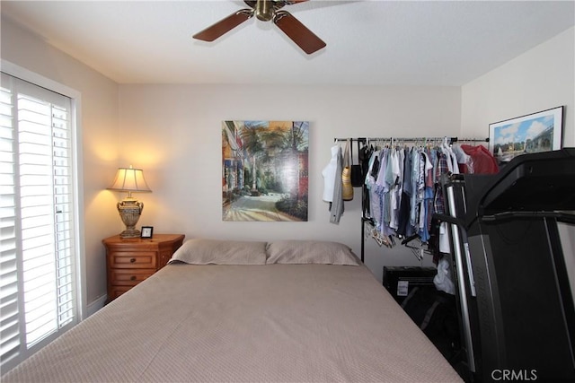 bedroom featuring ceiling fan and multiple windows