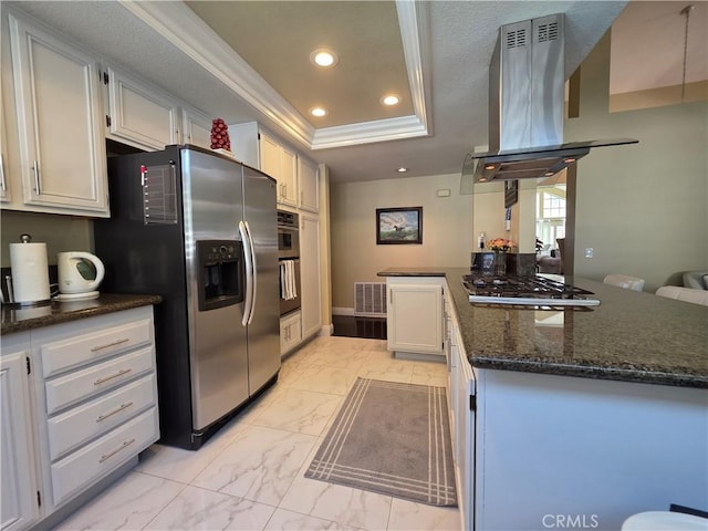 kitchen featuring appliances with stainless steel finishes, a tray ceiling, white cabinets, and island range hood