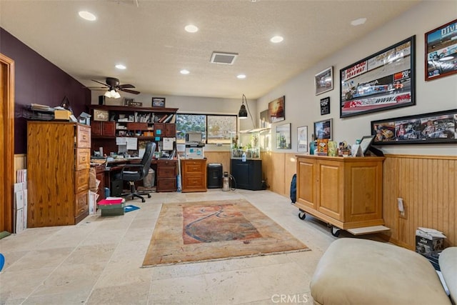 office space with ceiling fan, visible vents, and recessed lighting