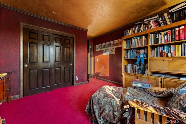 carpeted bedroom with ornamental molding