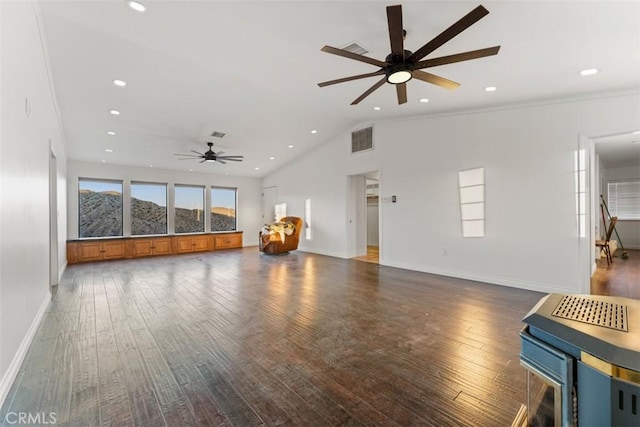 unfurnished living room featuring baseboards, visible vents, vaulted ceiling, and dark wood-type flooring