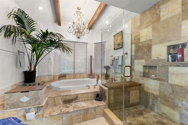 full bathroom featuring beamed ceiling, a stall shower, a bath, and a notable chandelier