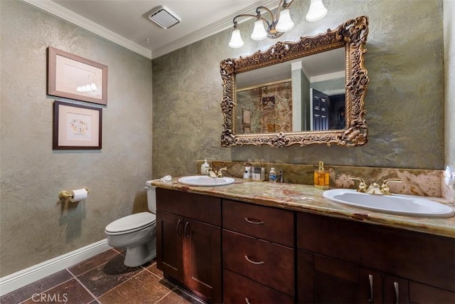 full bathroom featuring visible vents, a sink, toilet, and crown molding