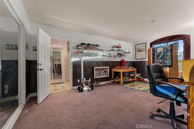 office with carpet floors and ornamental molding