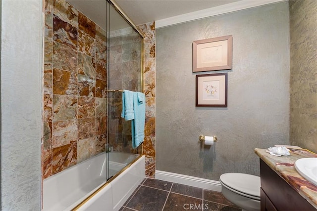 full bath with toilet, enclosed tub / shower combo, vanity, baseboards, and tile patterned floors