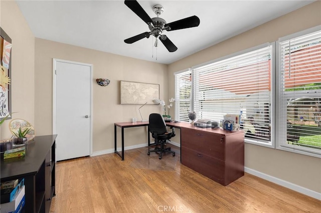 home office with light wood-type flooring, ceiling fan, and baseboards