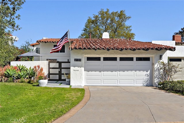 mediterranean / spanish house with stucco siding, an attached garage, a chimney, and driveway