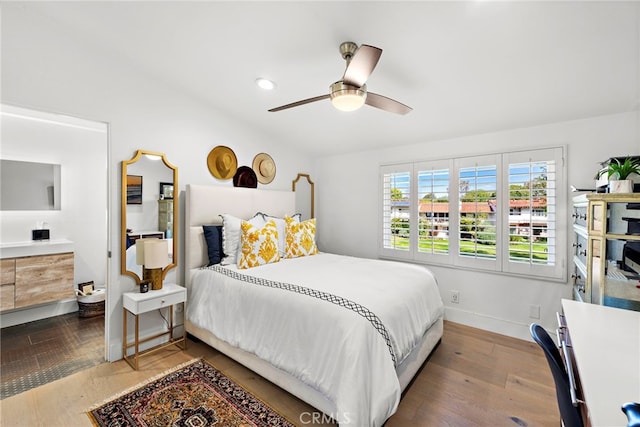 bedroom featuring recessed lighting, a ceiling fan, baseboards, and dark wood-style flooring