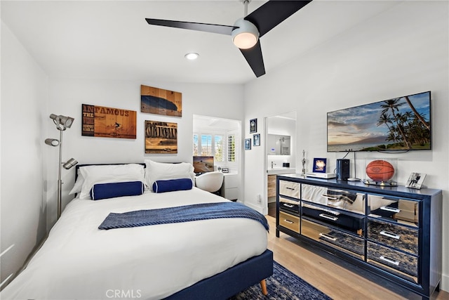 bedroom featuring a ceiling fan, recessed lighting, and wood finished floors