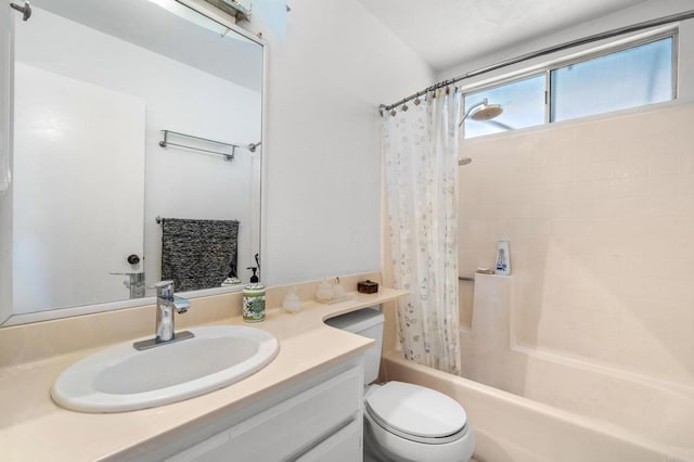 full bath with toilet, shower / tub combo with curtain, and vanity