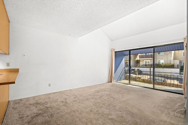 carpeted spare room with lofted ceiling and a textured ceiling