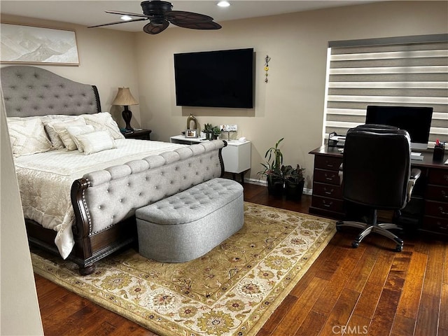 bedroom with dark wood-style floors, baseboards, a ceiling fan, and recessed lighting