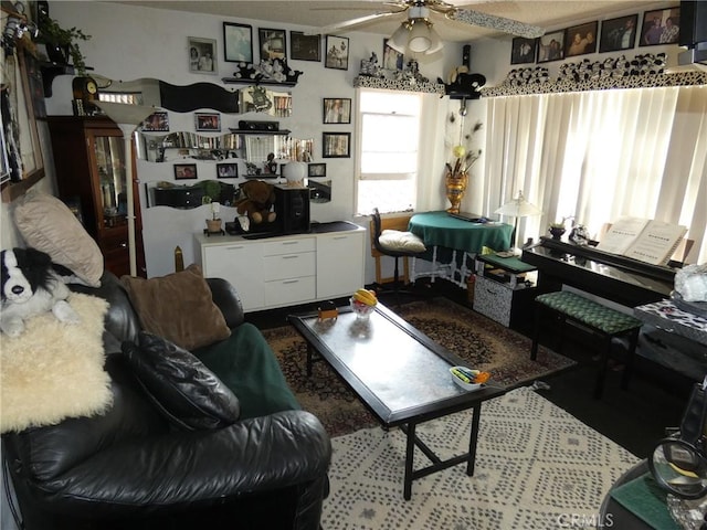 living area featuring a ceiling fan