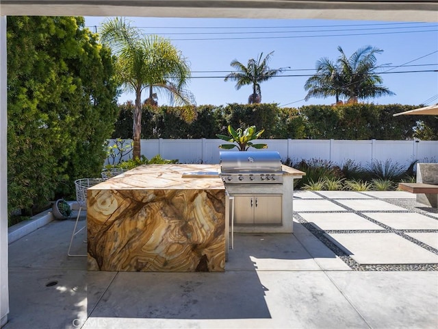 view of patio / terrace with a fenced backyard, an outdoor kitchen, and area for grilling