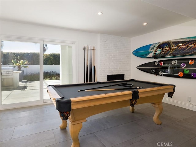 recreation room with pool table, recessed lighting, and baseboards