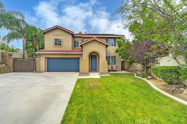 mediterranean / spanish home featuring a tile roof, driveway, fence, a garage, and stucco siding