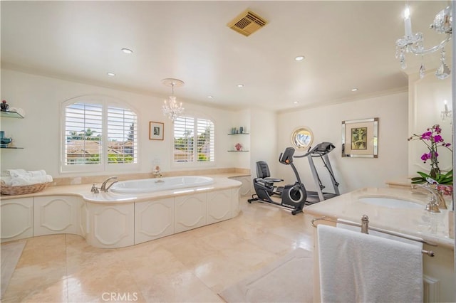 full bath featuring recessed lighting, visible vents, a garden tub, and vanity