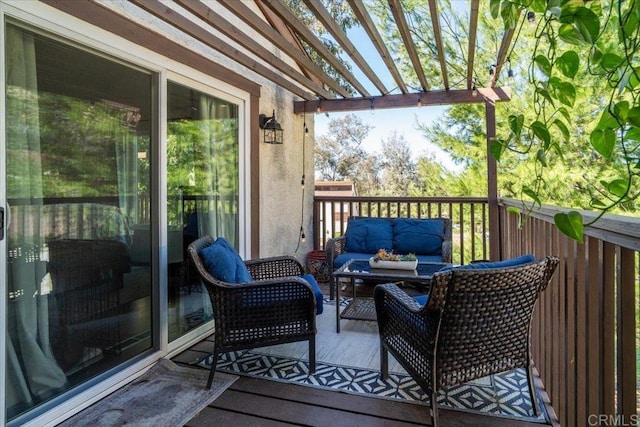 wooden terrace featuring an outdoor living space and a pergola