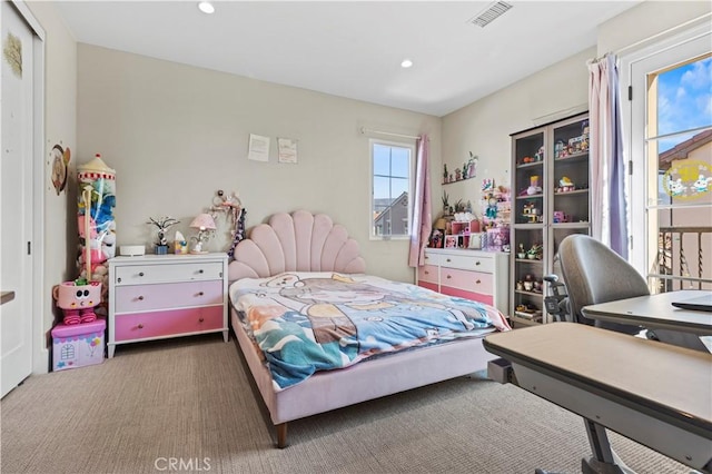 bedroom featuring carpet, visible vents, and recessed lighting