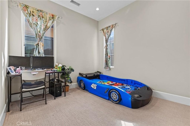 bedroom featuring carpet floors, recessed lighting, visible vents, and baseboards