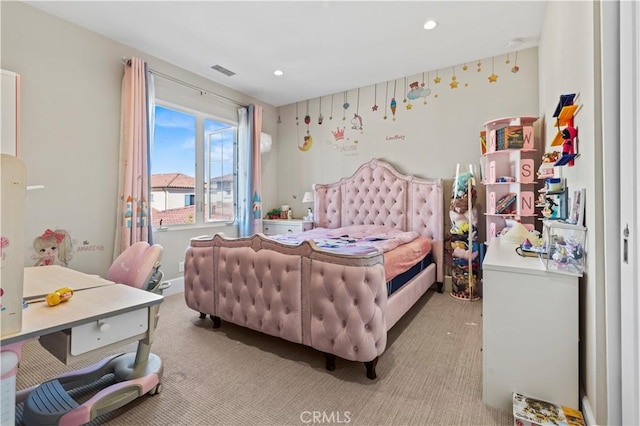 bedroom with light colored carpet, recessed lighting, and visible vents